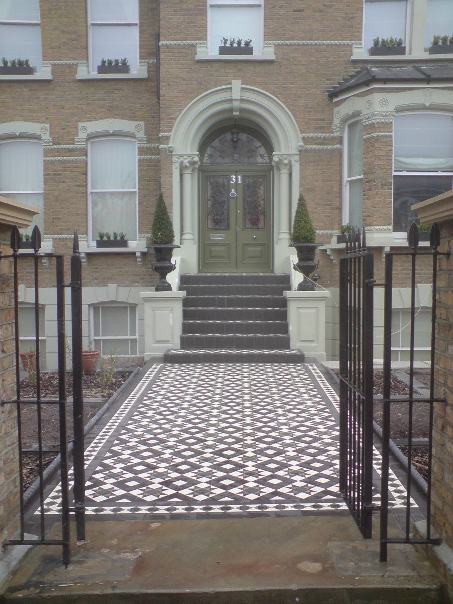 Brockley Victorian terrace, restored entrance with original mosaic tile path, KRAMAN Ltd refurbishment