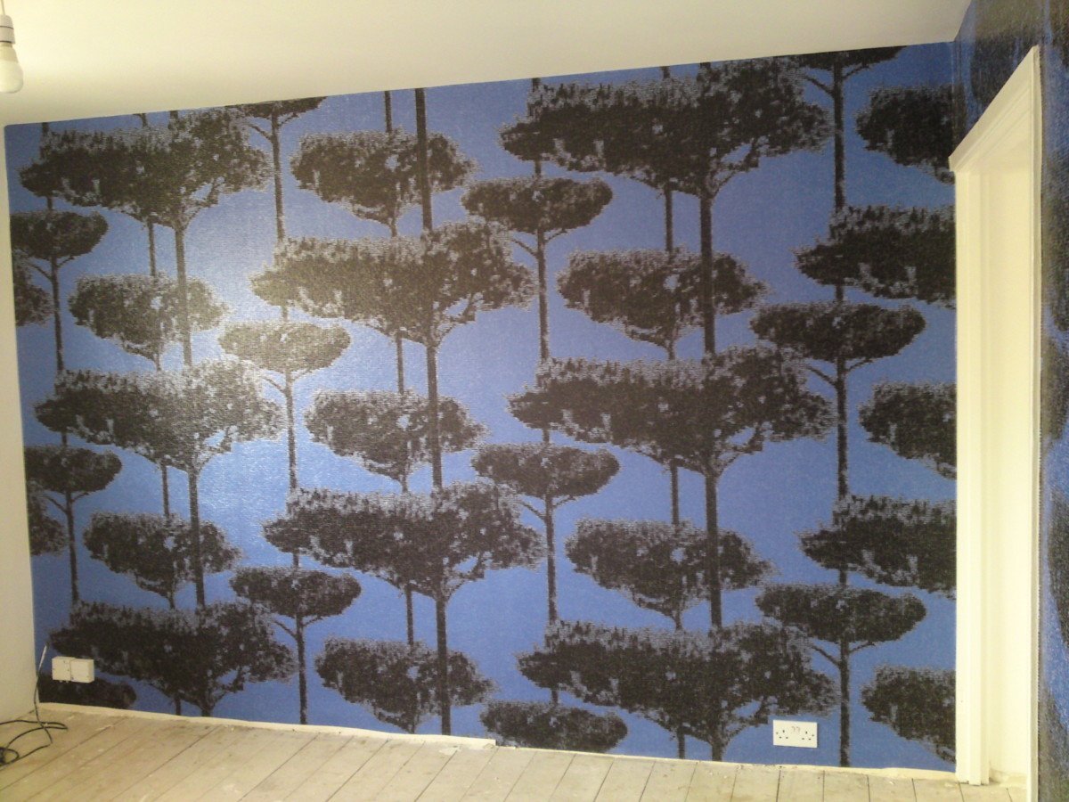 Stratford bedroom feature wall, Cole and Son tree wallpaper, plastering and decoration by KRAMAN Ltd